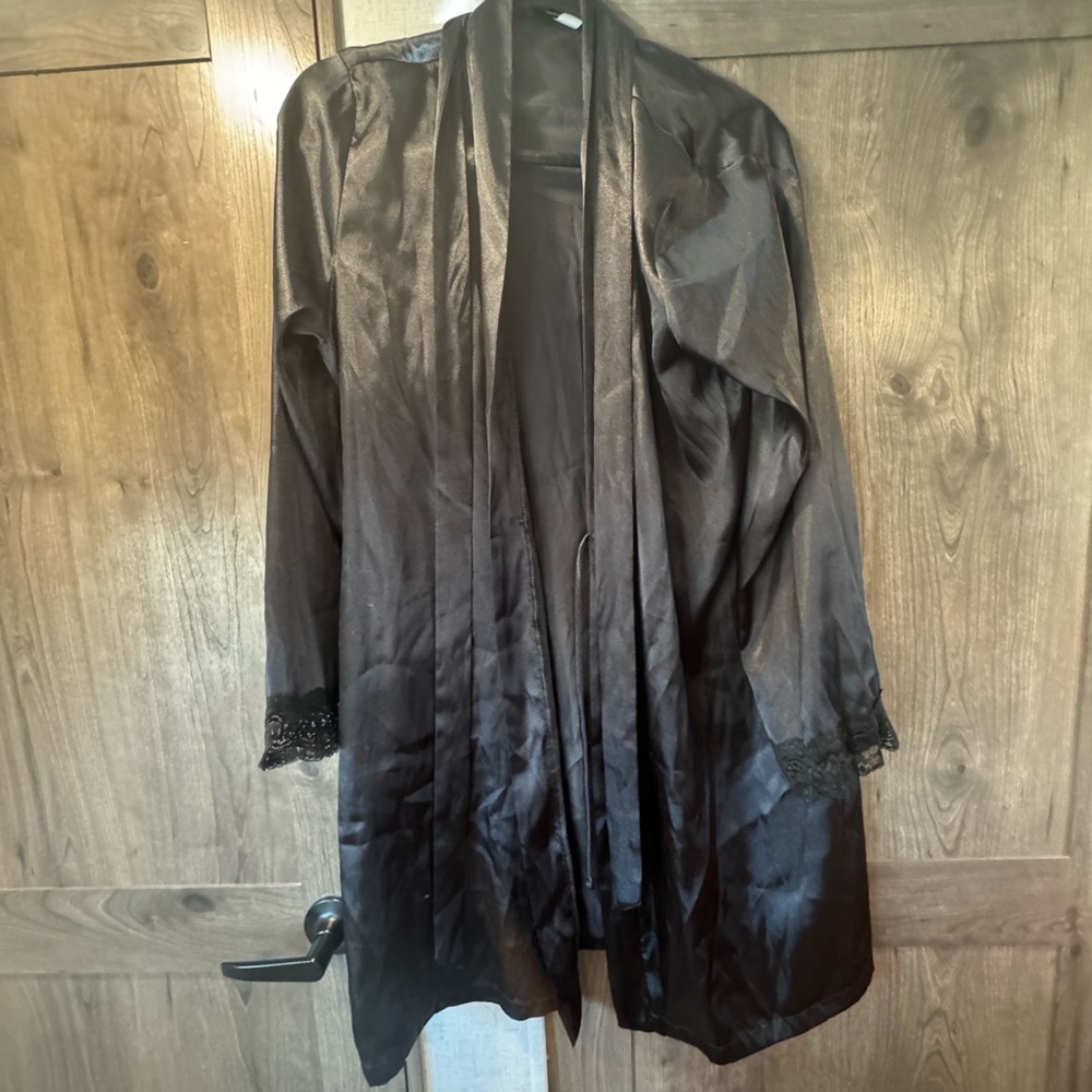 Black silky robe with lace detail